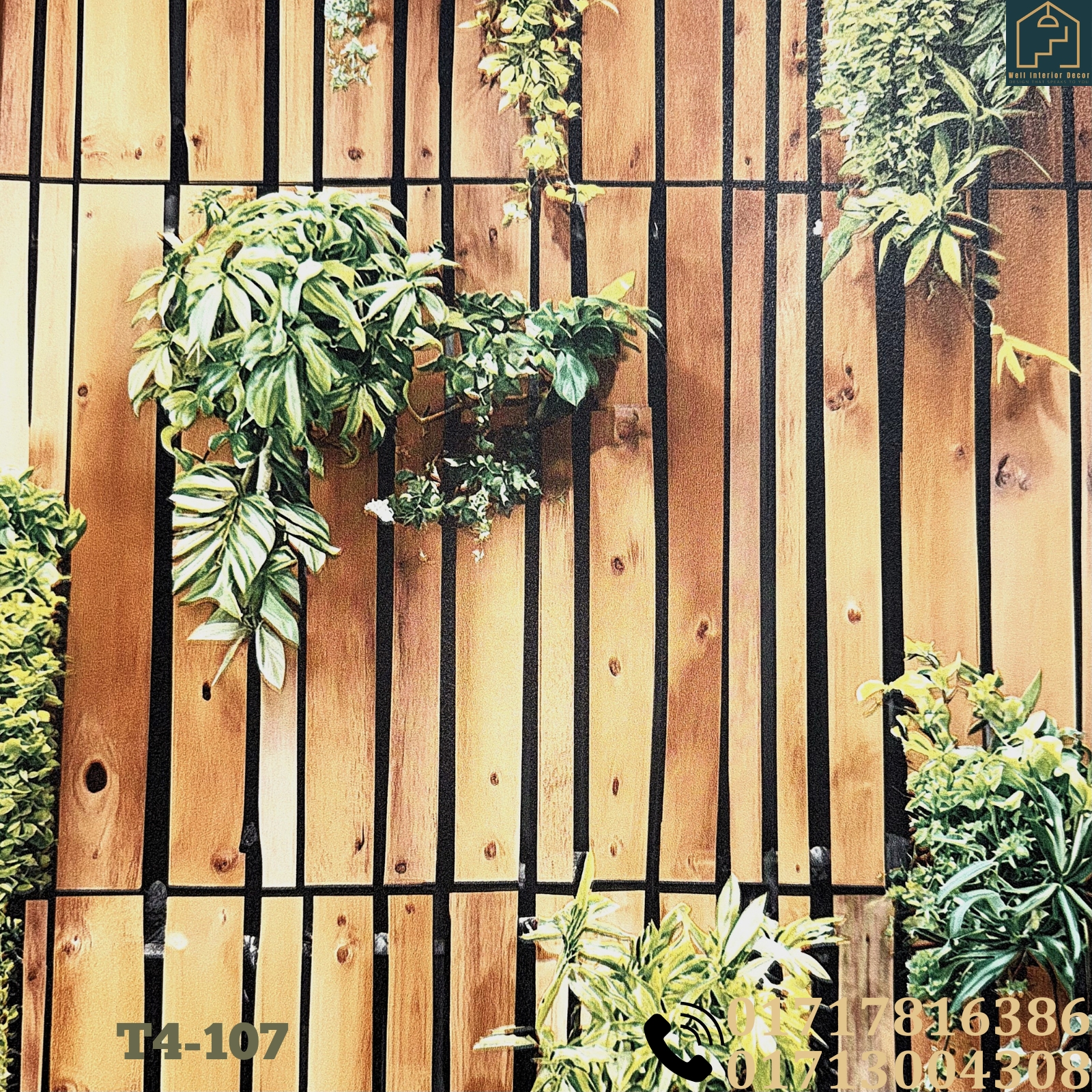 Vertical Wooden Panels and Cascading Green Foliage Deep Embossed Premium Quality Wallpaper - Image 5