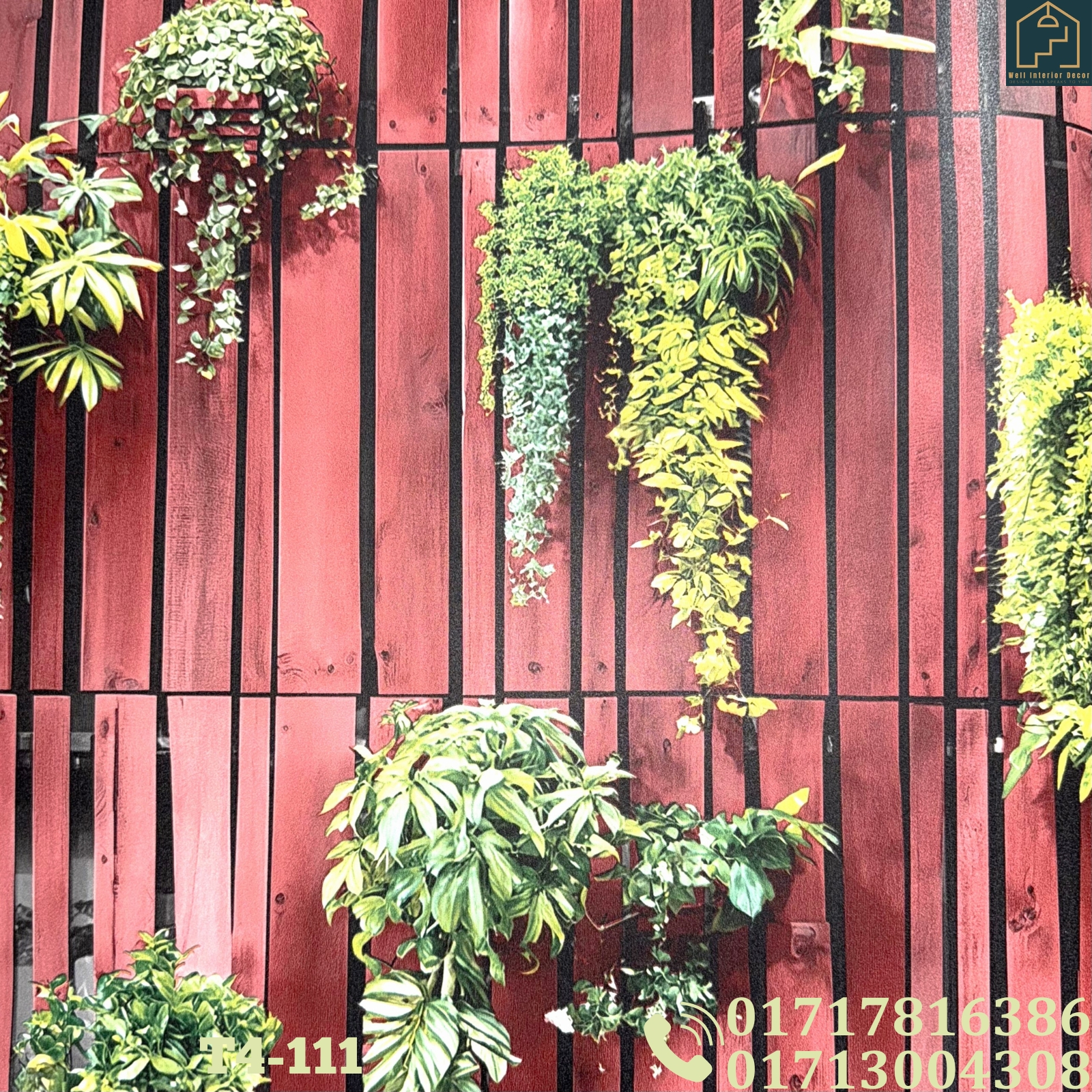 Vertical Wooden Panels and Cascading Green Foliage Deep Embossed Premium Quality Wallpaper - Image 7