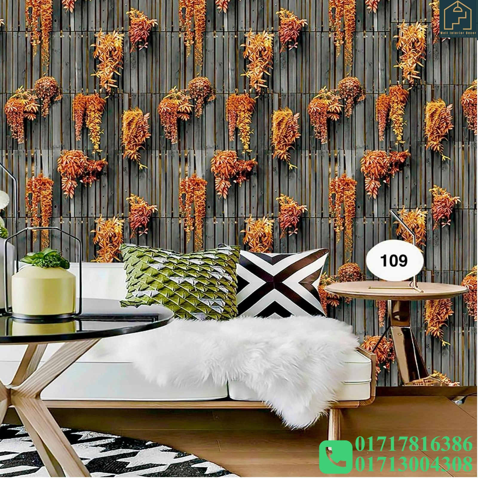 Vertical Wooden Panels and Cascading Green Foliage Deep Embossed Premium Quality Wallpaper - Image 3